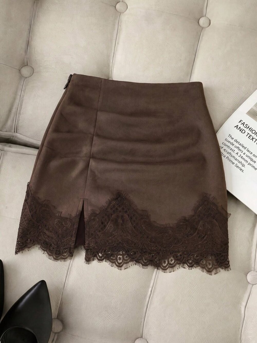 Brown Casual Women's Contrast Lace Split Zipper Skinny Mid-Waist Skort